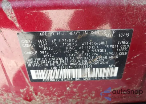 2016 Subaru Outback 2.5I Limited from USA, damaged, VIN 4S4BSANC5G3238104